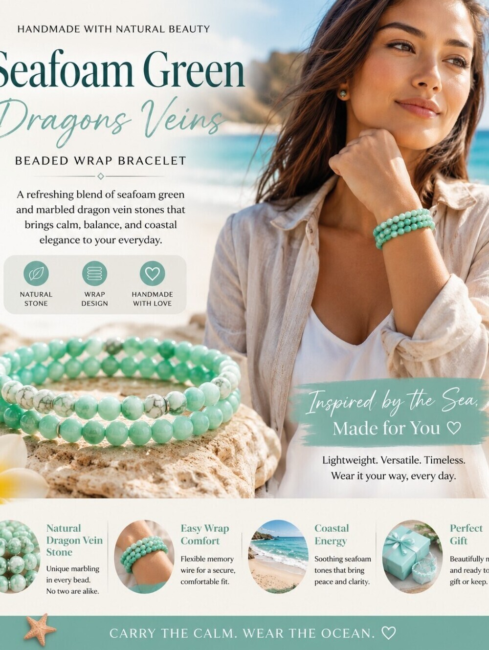 Seafoam Green Dragon Veins Beaded Wrap Bracelet – Handmade Coastal Jewelry - Picture 2 of 7